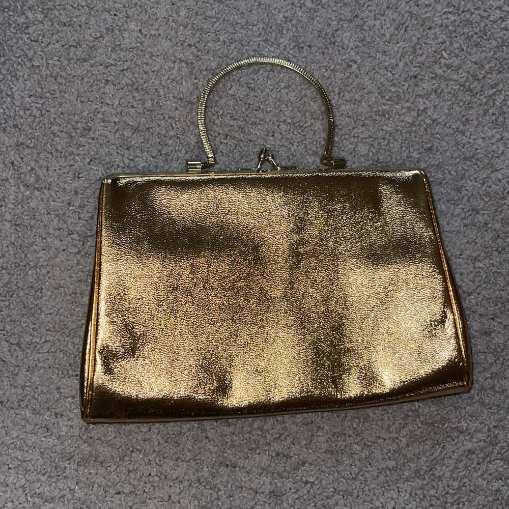 Vintage Gold Lamé Leather Clutch Purse Evening Bag